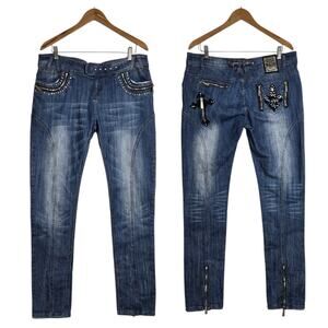 Y2K Dereon Studded Jeans Sz 14W Fleur De Lis Glam Rock Ankle Zip Stretch Denim